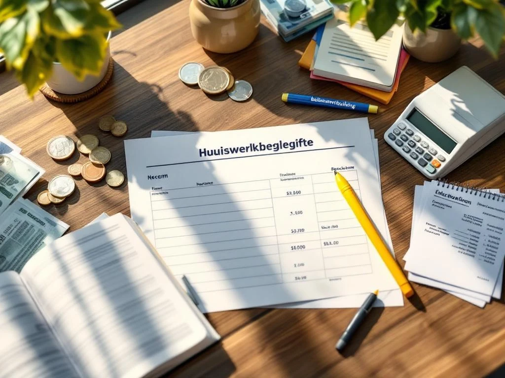 Nederlandse belastingaangifte op bureau met calculator, huiswerkbegeleiding gemarkeerd, euro's en onderwijsbewijzen