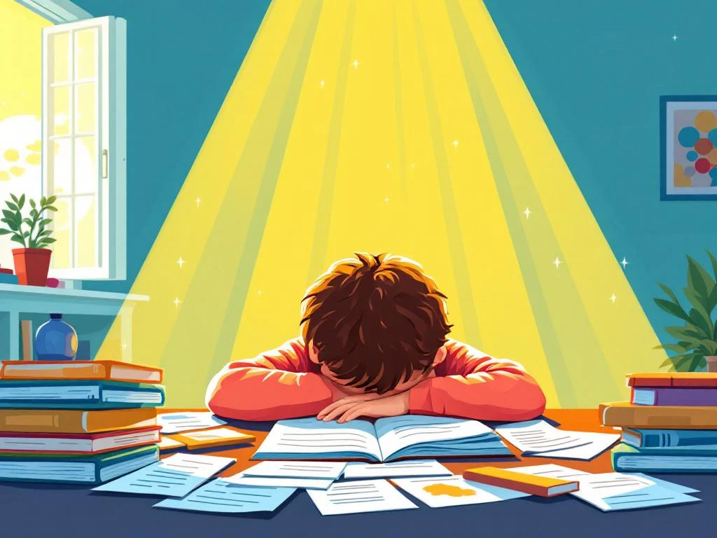 Gefrustreerd kind leunt over bureau met boeken terwijl hoopvol licht door raam schijnt op pad naar vooruitgang