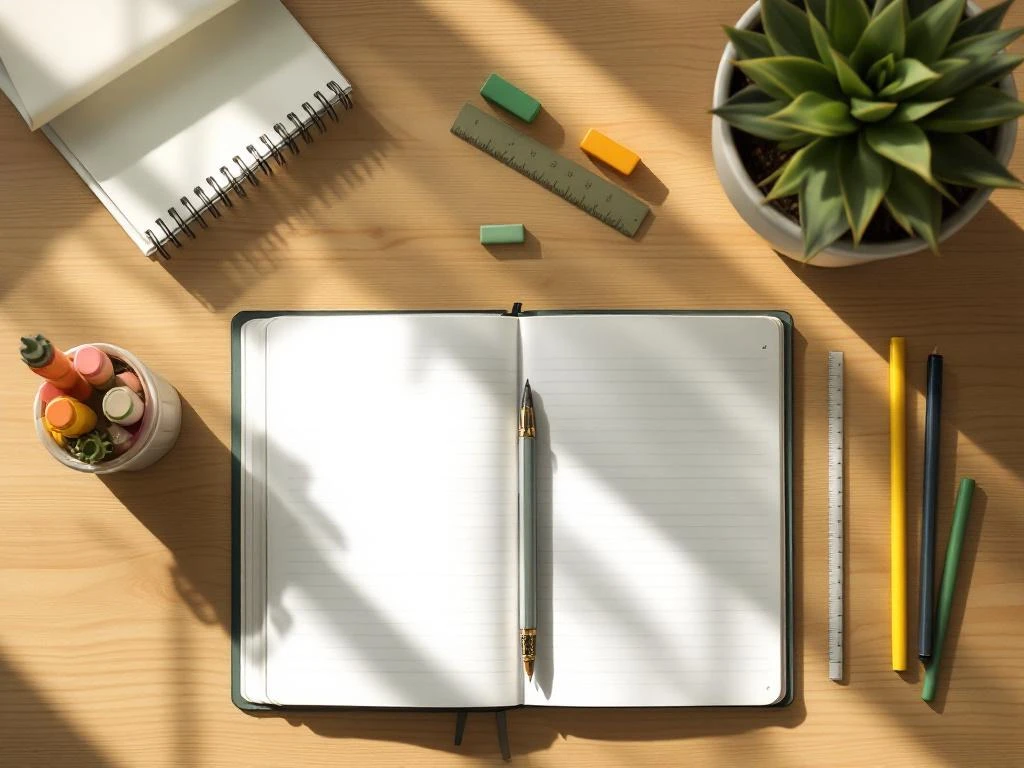 Bovenaanzicht van bureau met opengeslagen schrift, pennen, markeerstiften en vetplant in natuurlijk licht