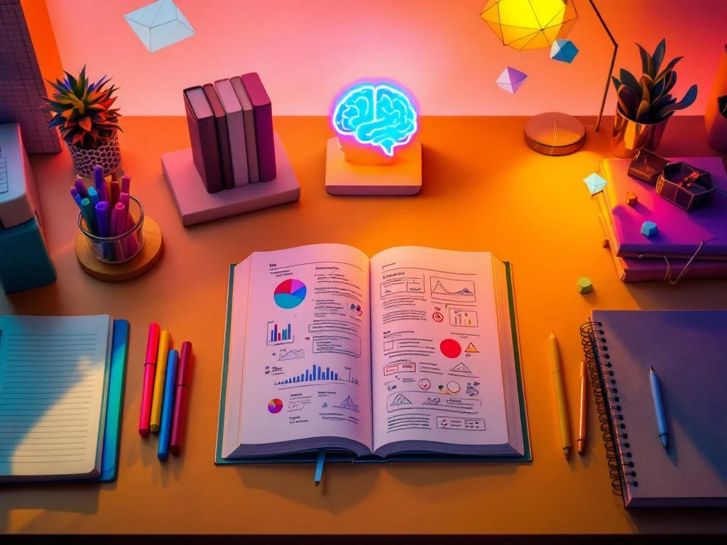 Studiebureauopstelling met opengeslagen leerboek, kleurrijke markeerstiften en georganiseerde schoolbenodigdheden van bovenaf gefotografeerd.