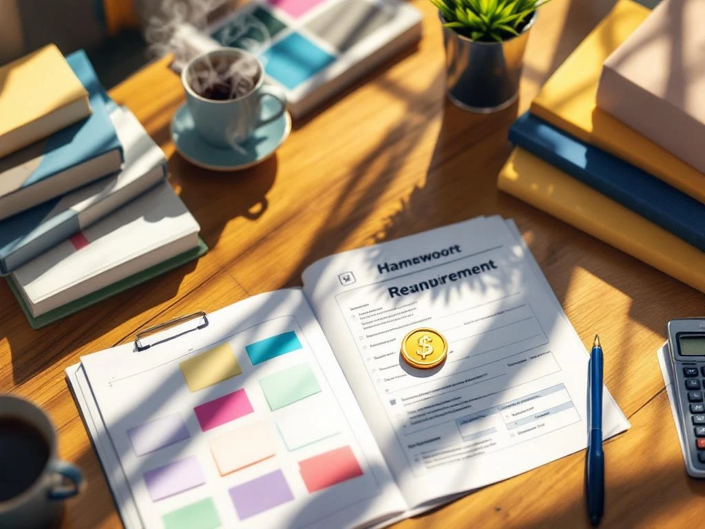 Studieplanner met huiswerkmateriaal en goedgekeurd vergoedingsformulier met gouden vinkje op bureau