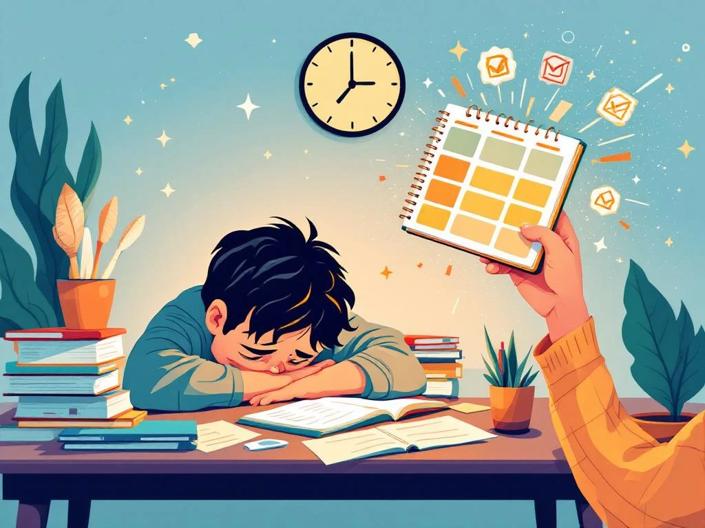 Gefrustreerd kind aan bureau krijgt hulp met kleurrijke planner; transformatie van chaos naar georganiseerd leren