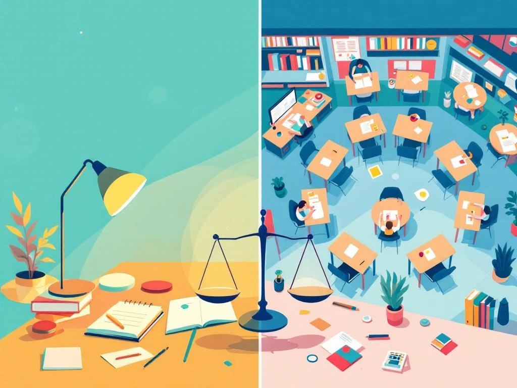 Gesplitst scherm met individuele studeerplek links en collaboratieve leeromgeving rechts, verbonden door weegschaal