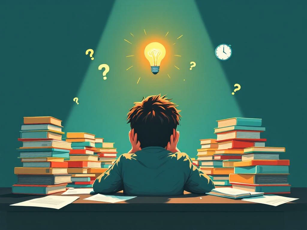 Gestrest kind gebogen over stapel schoolboeken met gloeilamp erboven die hoop en oplossingen symboliseert