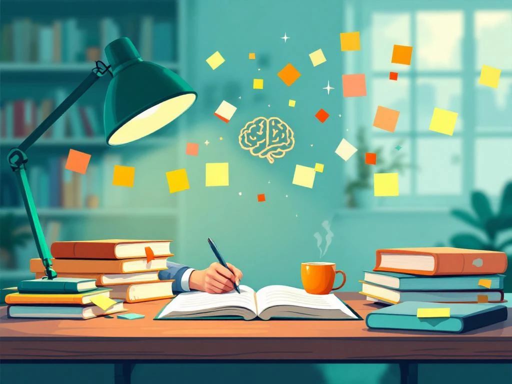 Student schrijft geconcentreerd in notitieboek aan georganiseerd bureau met lamp, studieboeken en kleurrijke notities