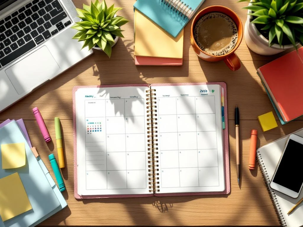 Bovenaanzicht van georganiseerd bureau met open agenda, laptop, studiemateriaal en koffie in natuurlijk licht.