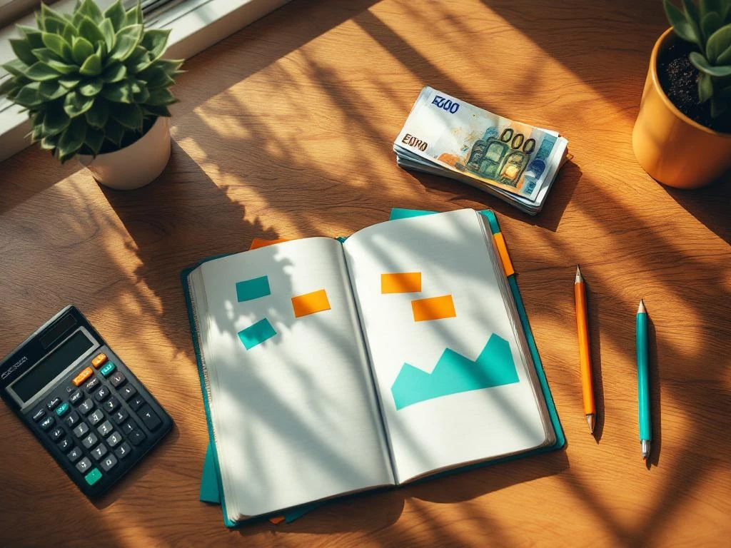 Houten bureau met opengeschreven notitieboek, rekenmachine, eurobiljetten en studiemateriaal in natuurlijk licht