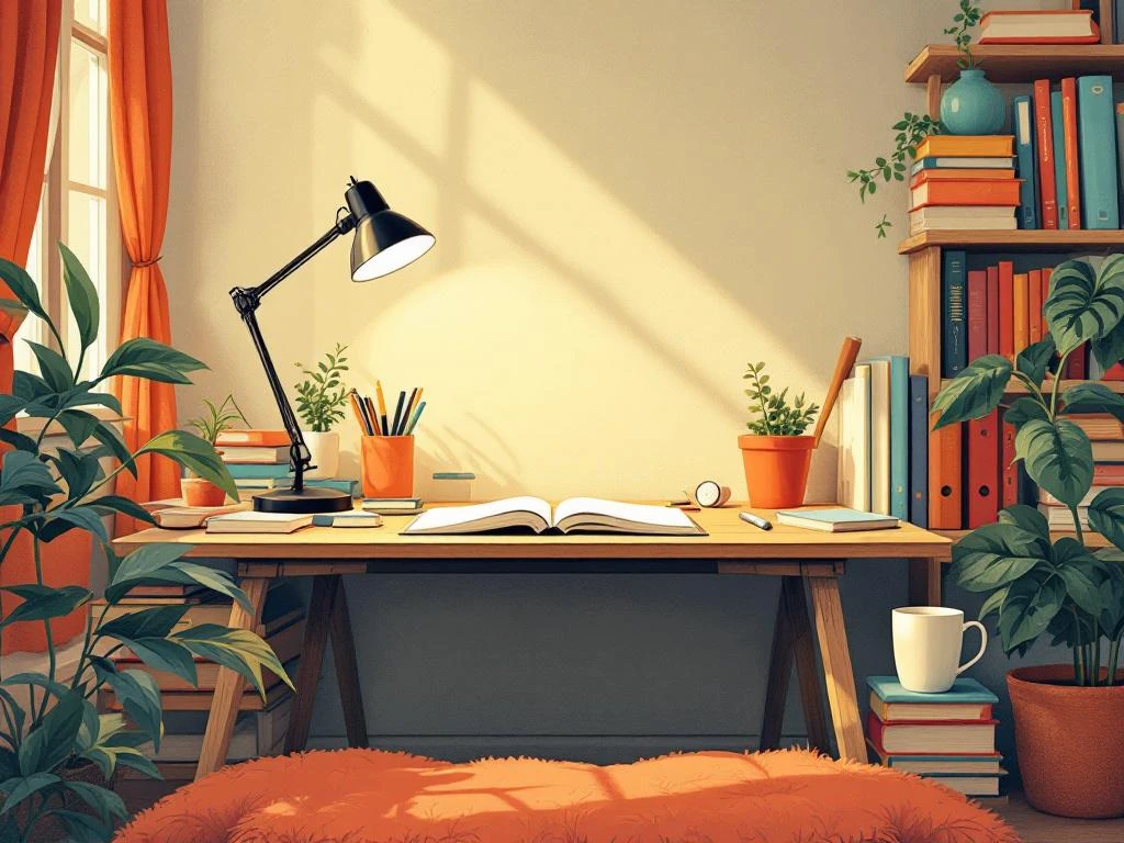 Georganiseerde studieruimte met open notitieboek, kleurrijke schoolboeken, bureaulamp en plant in warm licht


---

Note: This alt text is 119 characters and captures the essential elements while remaining accessible and SEO-friendly in Dutch.