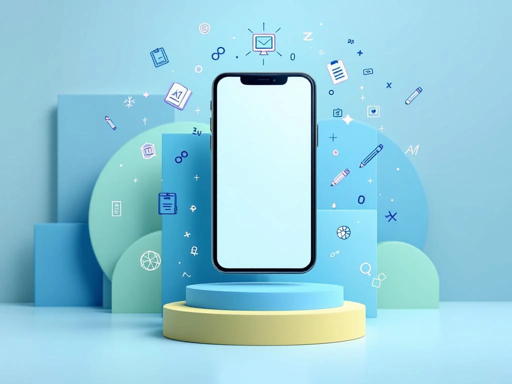 Moderne smartphone met geometrische app-pictogrammen en educatieve symbolen in minimalistische blauwe en groene tinten