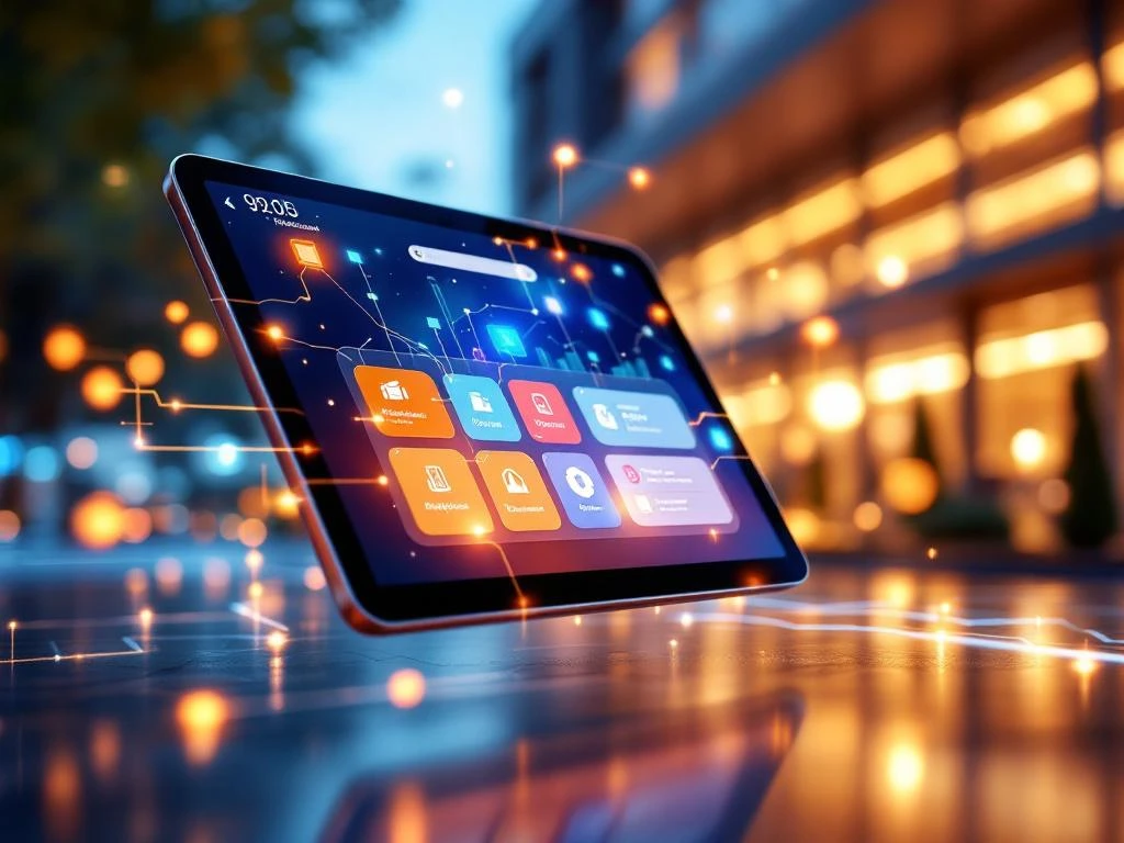Tablet met educatieve app verbonden via digitale lijnen met moderne school op achtergrond