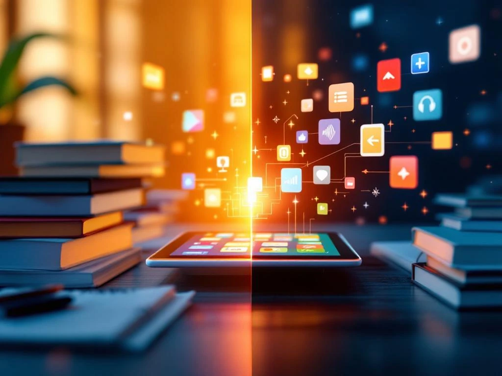 Vergelijking van traditioneel leren met boeken en digitaal leren met tablet en educatieve apps in split-screen compositie