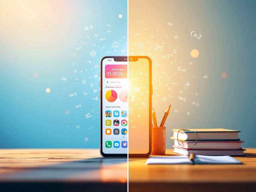 Smartphone met educatieve app naast traditionele studieboeken op houten bureau, digitaal versus analoog leren