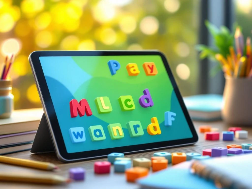 Tablet met dyslexievriendelijke leer-apps op houten bureau, omringd door letterblokken en schoolspullen