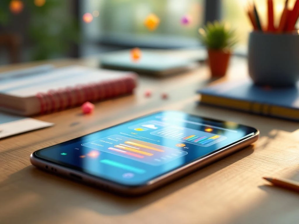 Smartphone met educatieve app-interface in blauw en oranje op houten bureau met schoolbenodigdheden
