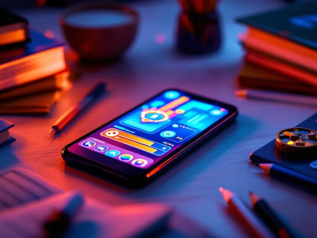 Smartphone met kleurrijke educatieve app interface op bureau naast traditionele studieboeken en potloden