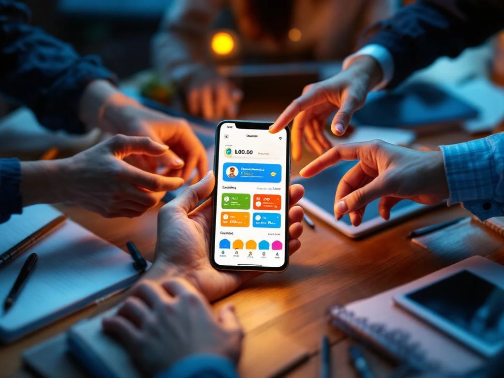 Smartphone met educatieve app-interface omringd door meerdere handen en studiemateriaal op houten bureau