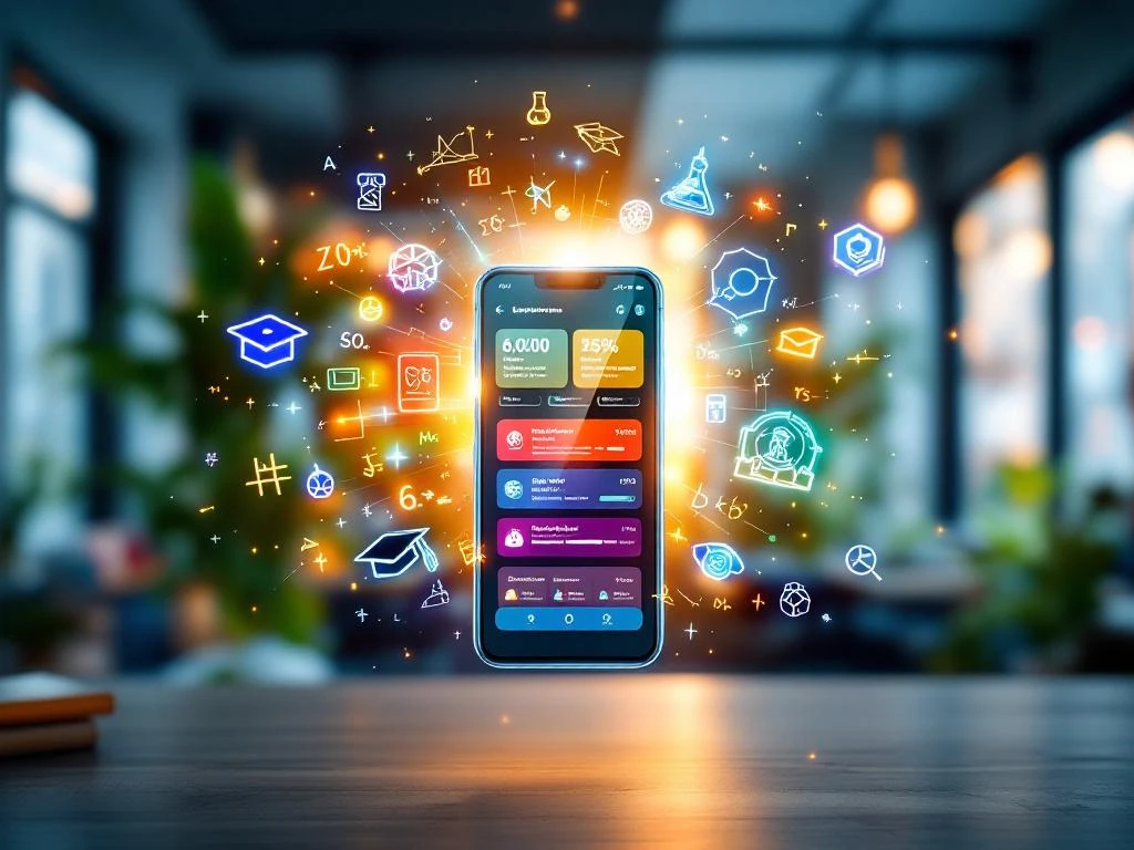 Smartphone toont kleurrijke educatieve app met zwevende holografische pictogrammen van vakken in moderne studieruimte