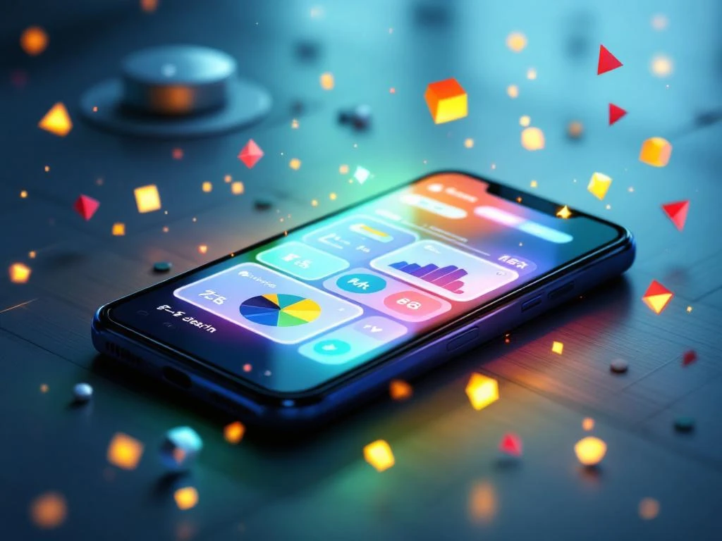 Smartphone met educatieve app toont wiskundige vergelijkingen, taaliconen en voortgangsgrafieken op modern bureau