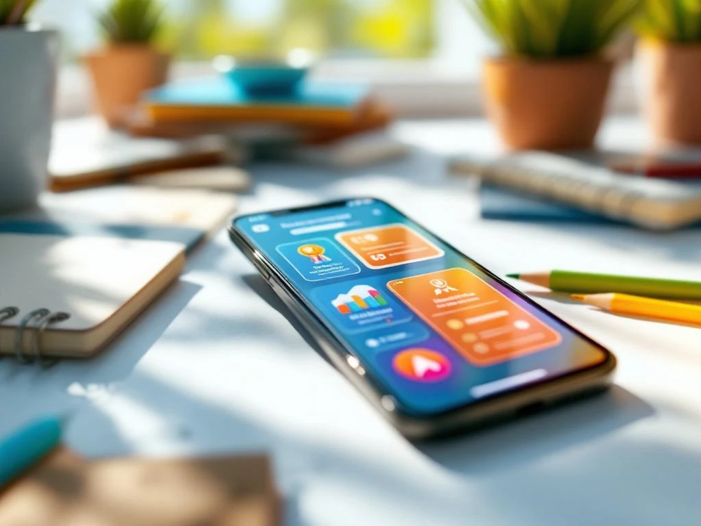 Smartphone met kleurrijke educatieve app interface op bureau met studiemateriaal op achtergrond
