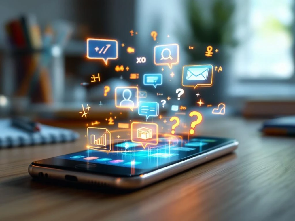 Smartphone toont educatieve app met chatfuncties en holografische wiskundige elementen op houten bureau