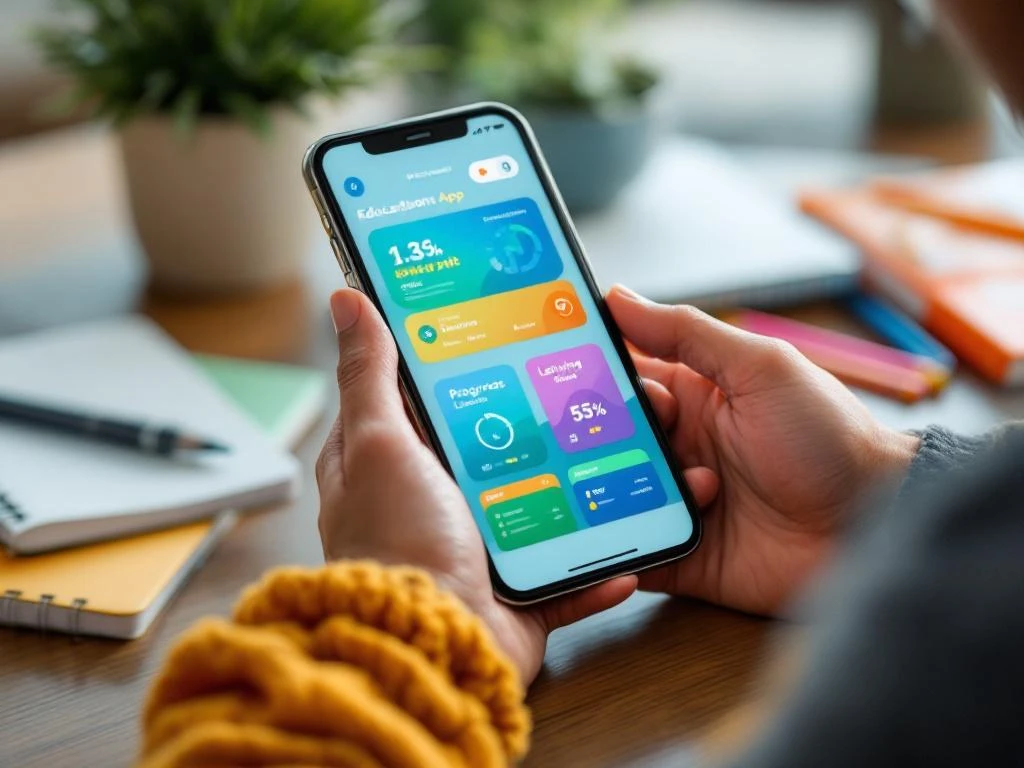Handen houden smartphone met kleurrijke educatieve app, voortgangsgrafieken zichtbaar, schoolspullen op houten bureau