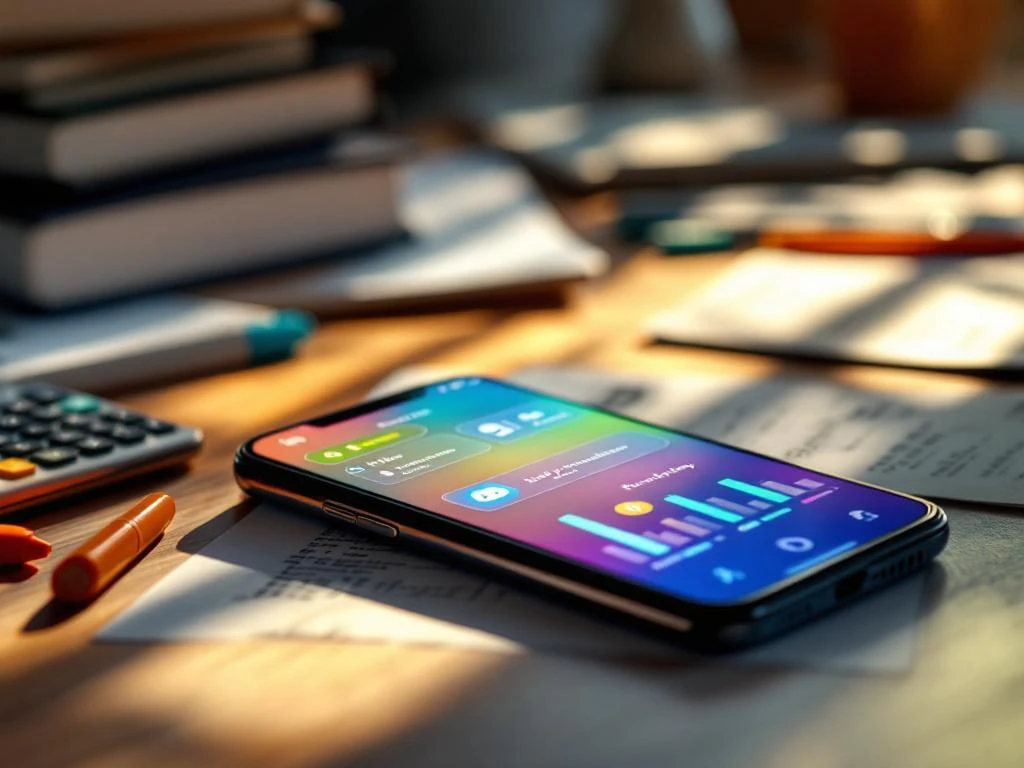 Smartphone met kleurrijke educatieve app op houten bureau naast studiemateriaal en rekenmachine