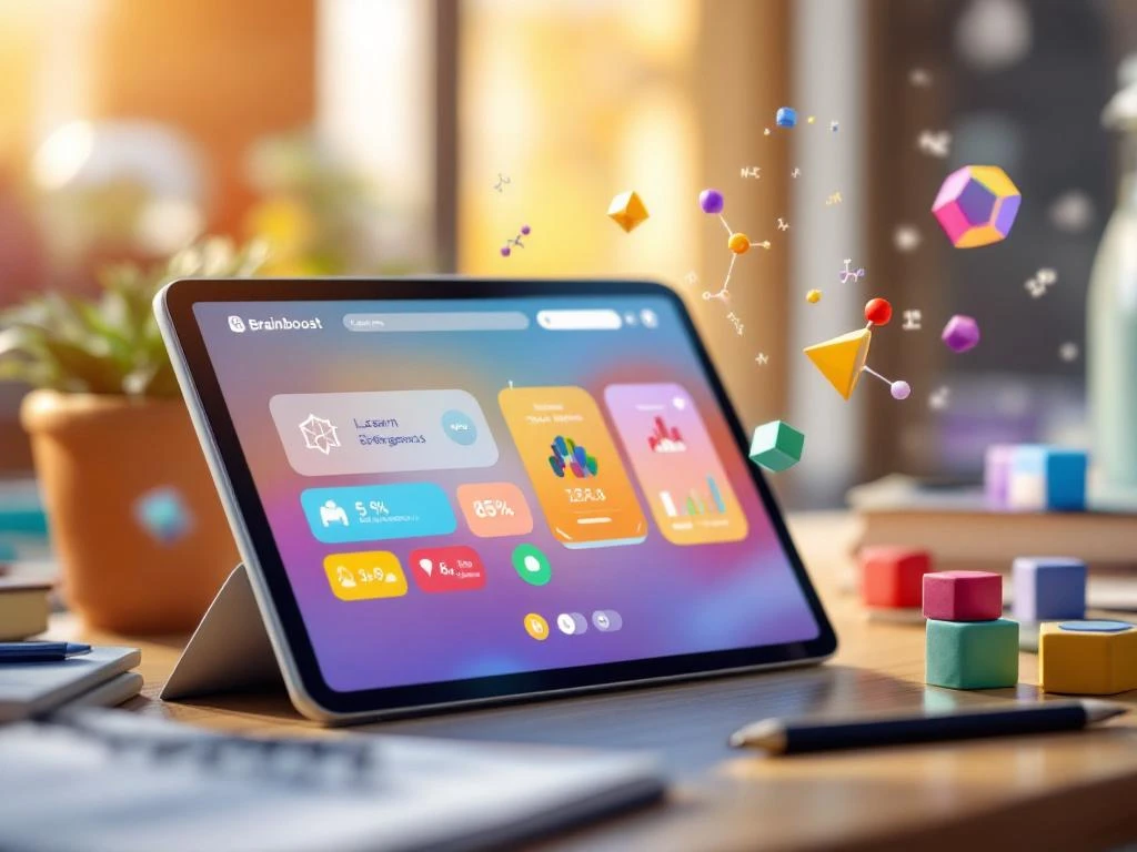Moderne tablet met kleurrijke educatieve app op houten bureau met studiemateriaal en natuurlijk licht
