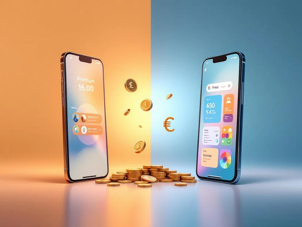 Twee smartphones naast elkaar tonen premium versus gratis educatieve apps met digitale munten en euro symbolen ertussen