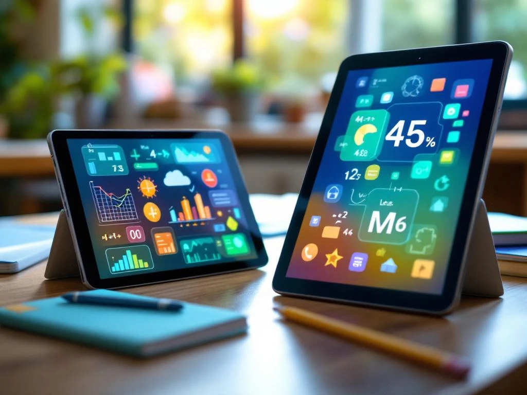 Moderne tablets en smartphones met educatieve apps op houten klaslokaalbureau met traditionele schoolbenodigdheden
