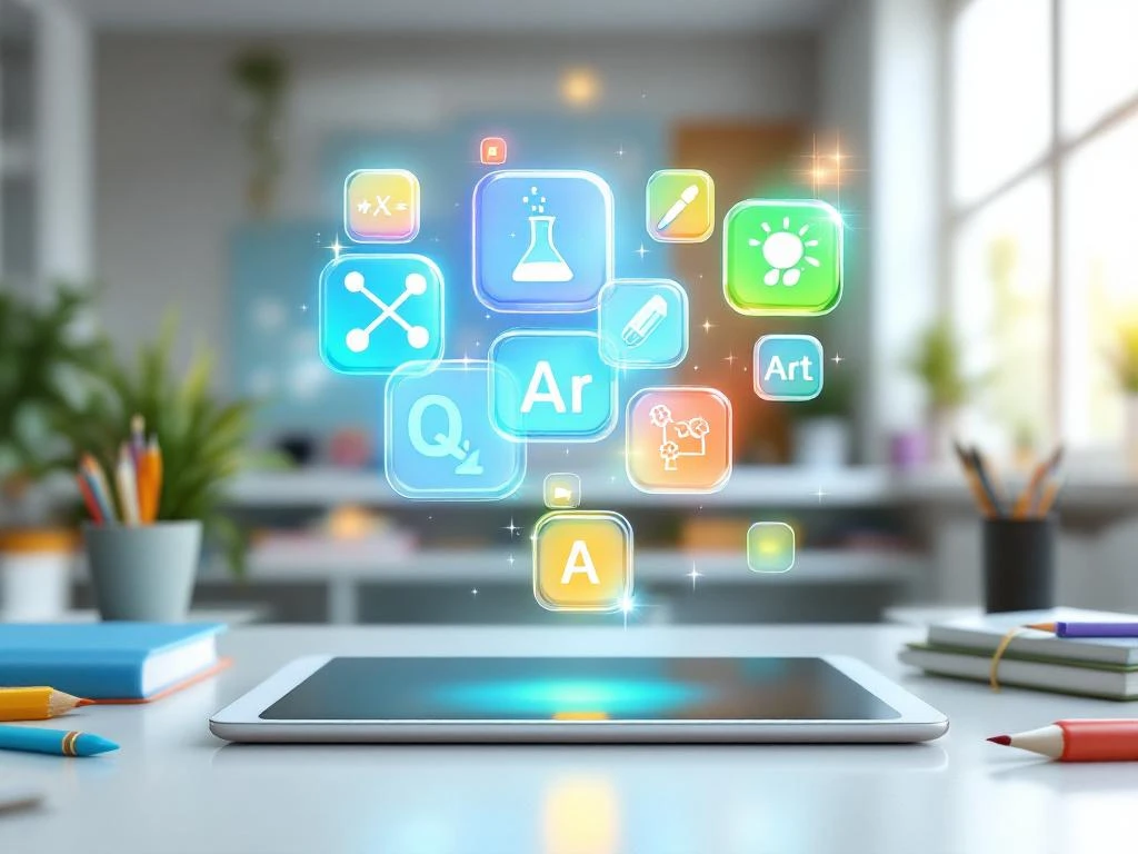 Tablet met zwevende educatieve app-iconen voor wiskunde, wetenschap, taal en kunst op schoolbureau met boeken