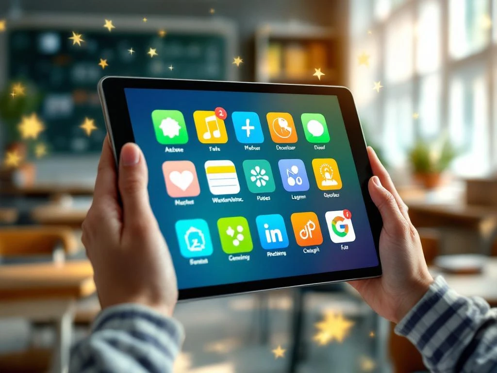 Kind houdt tablet vast met kleurrijke educatieve app-iconen in moderne klaslokaal met natuurlijk licht