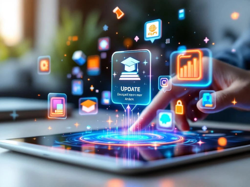 Tablet met kleurrijke educatieve app-iconen en update-meldingen, omringd door holografische onderwijssymbolen