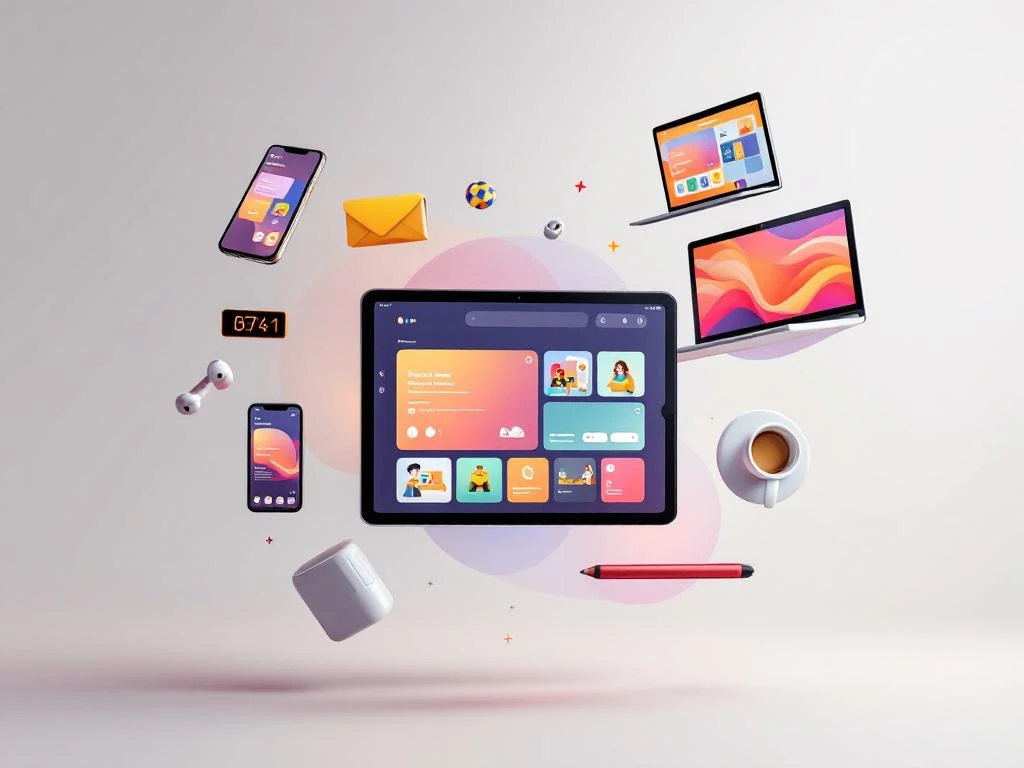 Tablet met educatieve app omringd door zwevende laptop, smartphone, computer, oordopjes en stylus tegen verloop achtergrond