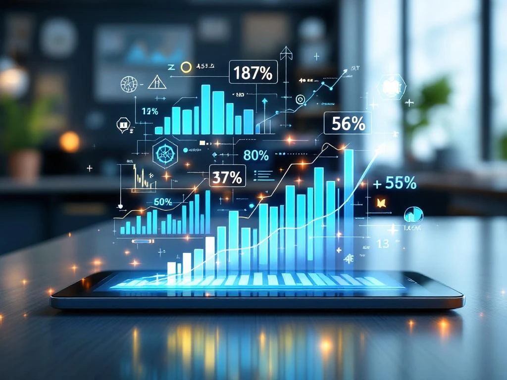 Tablet met holografische leeranalytics en voortgangsgrafieken in moderne klaslokaal voor educatieve technologie