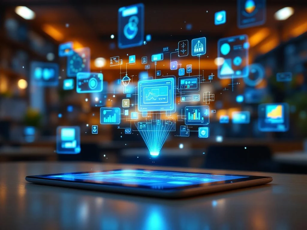 Futuristische digitale klaslokaal met zwevende holografische leerinterfaces en tablets met educatieve apps in blauw-groen