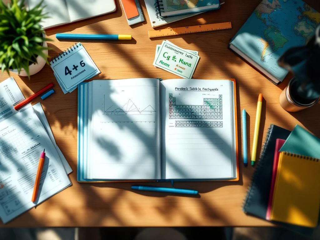 Bovenaanzicht van een moderne studietafel met wiskundeboeken, scheikunde-elemententabel, flashcards en kleurrijke markeerstiften