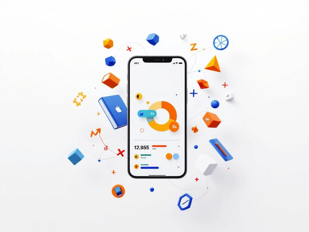 Smartphone met kleurrijke leer-apps en voortgangsbalken, omringd door zwevende boeken en wiskundesymbolen in blauw-oranje