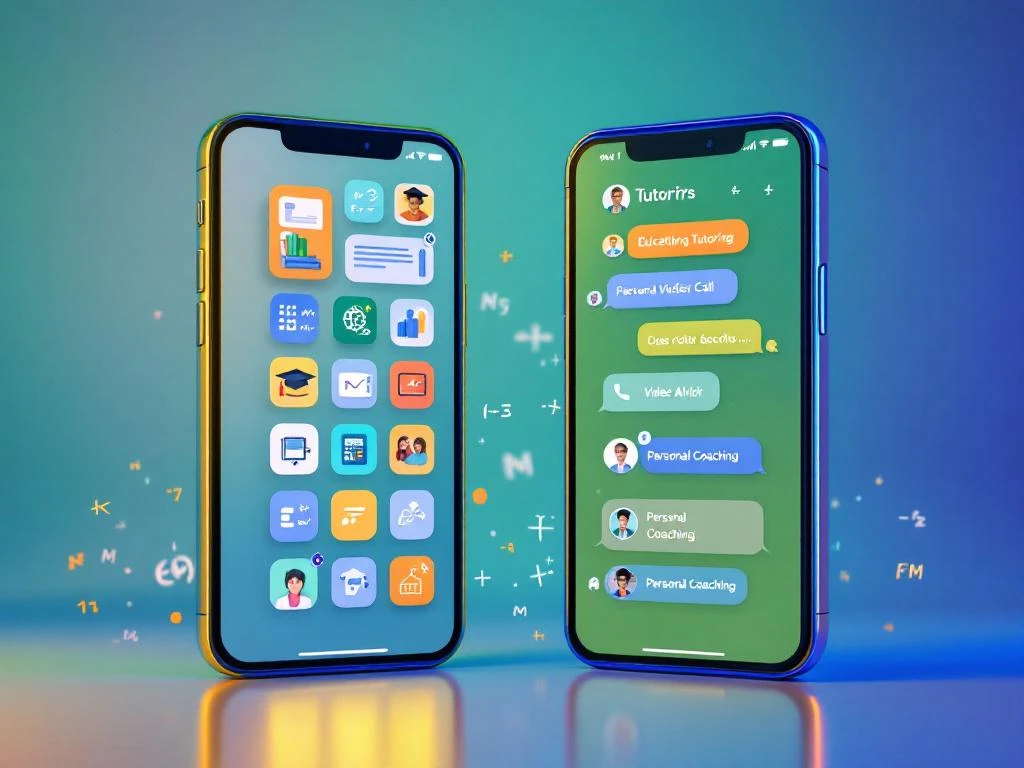 Twee smartphones naast elkaar tonen educatieve app-iconen en bijles-interface met chat en video-oproep functies
