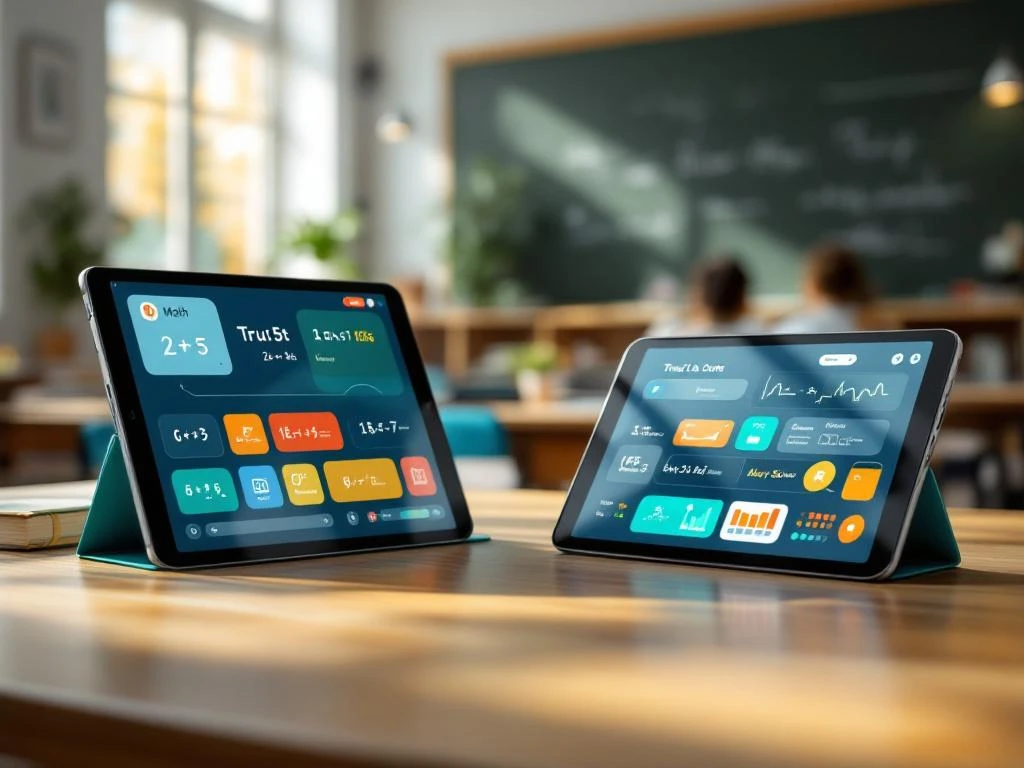 Tablets en smartphones met educatieve apps op houten bureau in moderne klas met traditioneel schoolbord op achtergrond