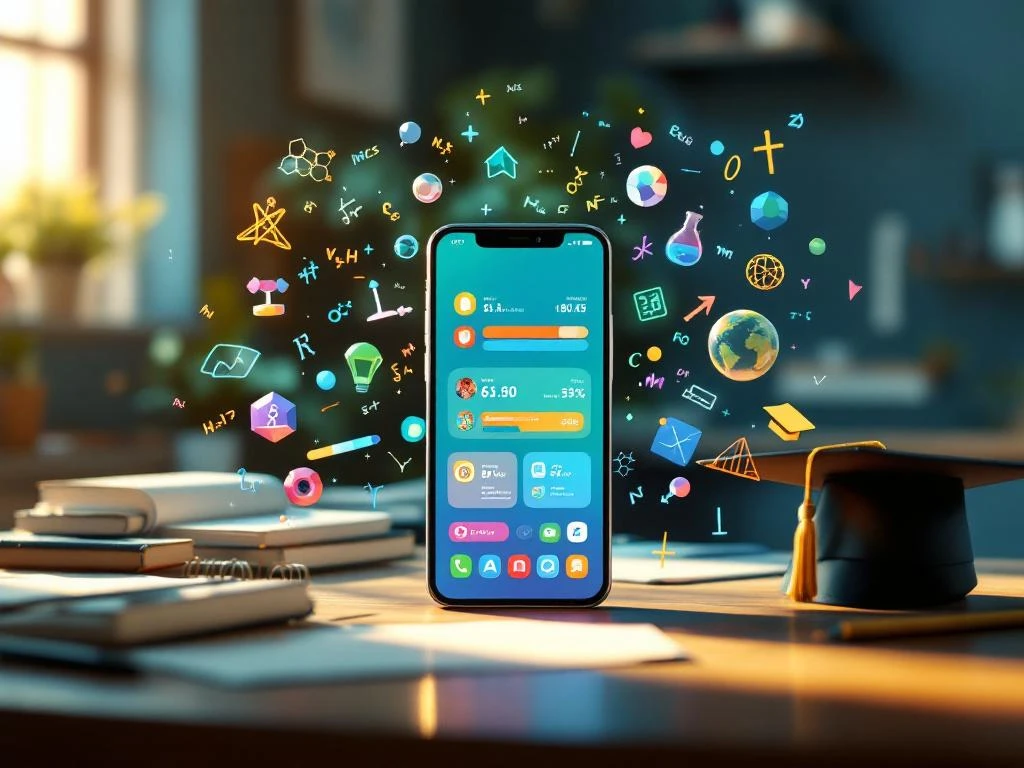 Smartphone met educatieve app omringd door zwevende wiskundige symbolen, moleculen en boeken op schoolbureau