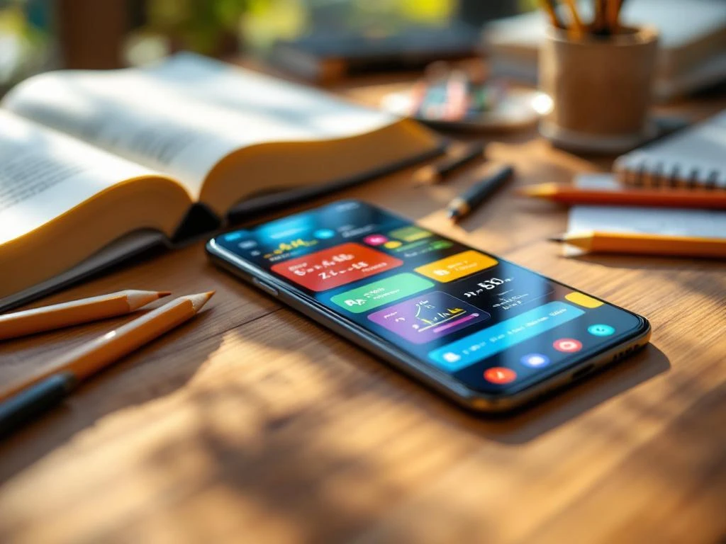 Smartphone toont educatieve wiskundeapp op houten bureau met traditionele studieboeken en pennen op achtergrond
