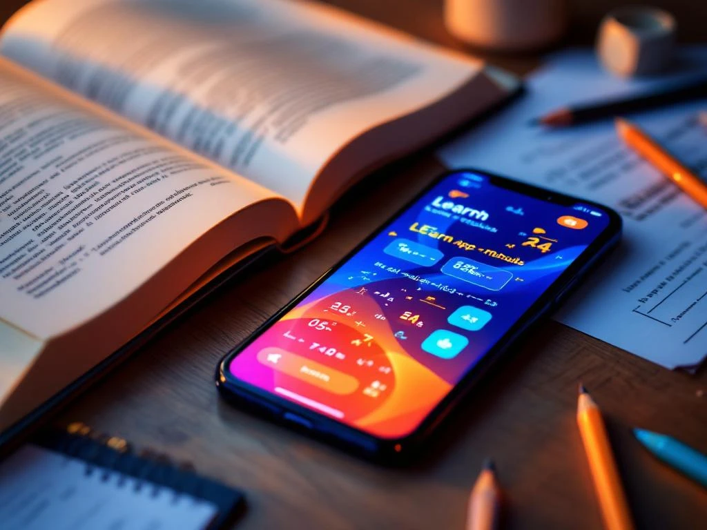 Smartphone met wiskundige leer-app op houten bureau naast schoolboeken, potloden en huiswerk in warm licht
