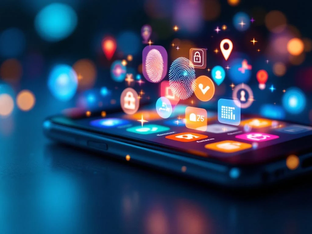 Smartphone-scherm met educatieve app-iconen omringd door zwevende dataprivacy-symbolen en digitale vingerafdrukken