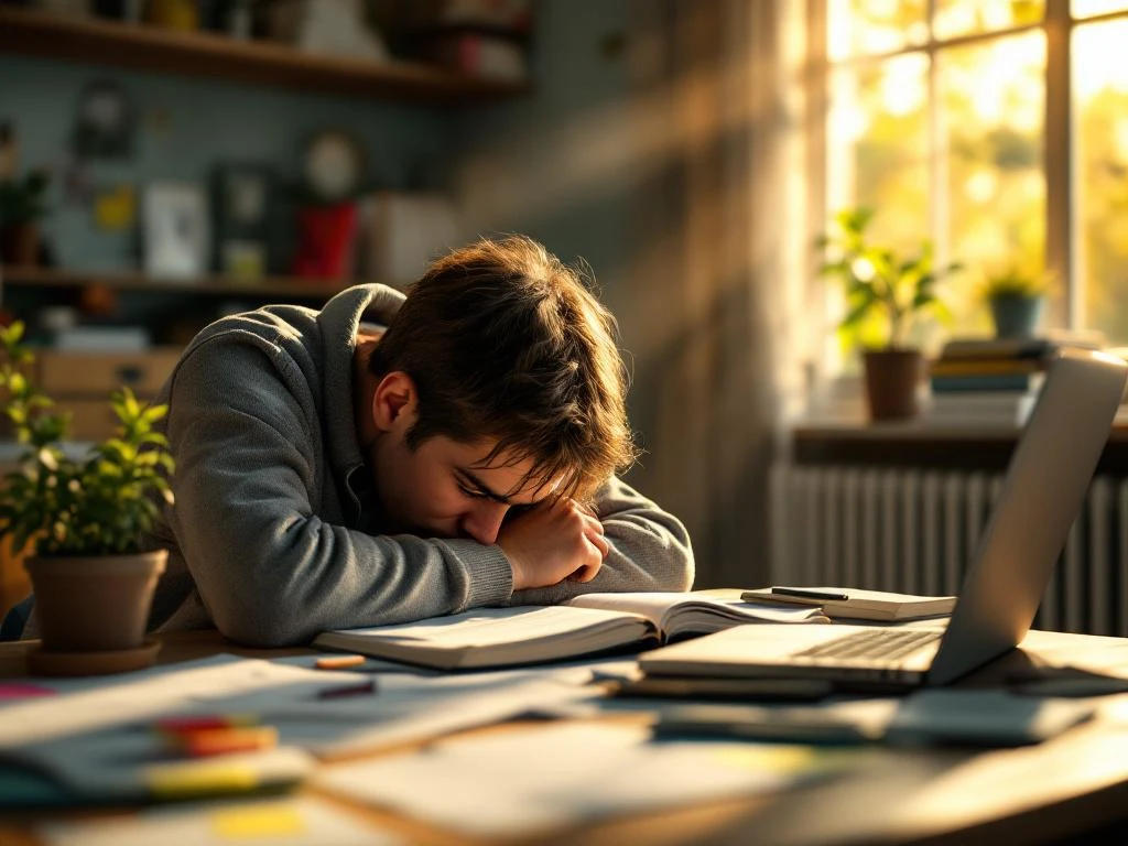 Gefrustreerde tiener leert aan bureau met boeken, laptop en planner terwijl zonlicht door raam schijnt op plantje en notities