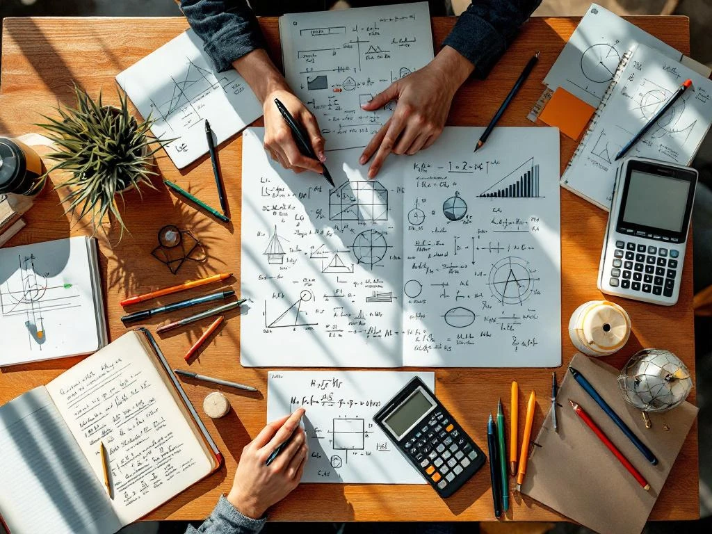 Bovenaanzicht studietafel met wiskundeboeken, scheikundeformules, rekenmachines en kleurrijke pennen voor exacte vakken