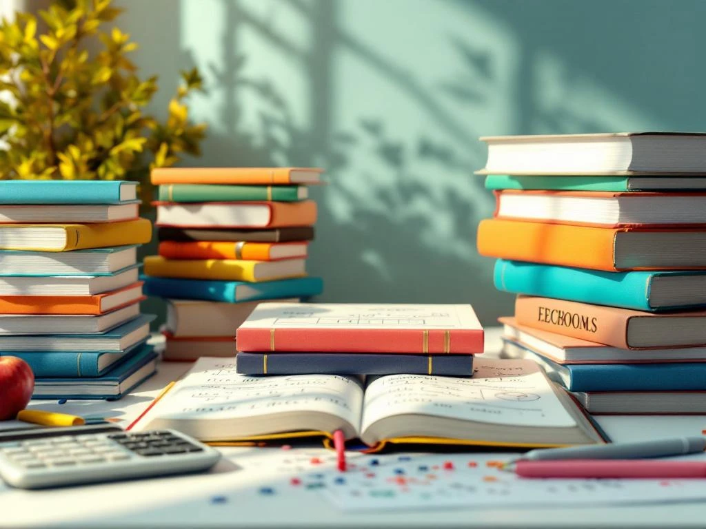 Kleurrijke studieboeken en notitieboeken op wit bureau met rekenmachine, markeerstiften en studiemateriaal
