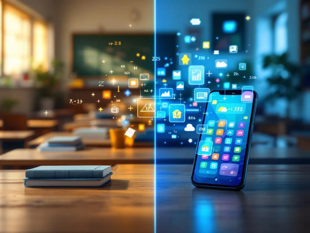 Gesplitst beeld van traditioneel klaslokaal met schoolbanken tegenover moderne smartphone met educatieve apps