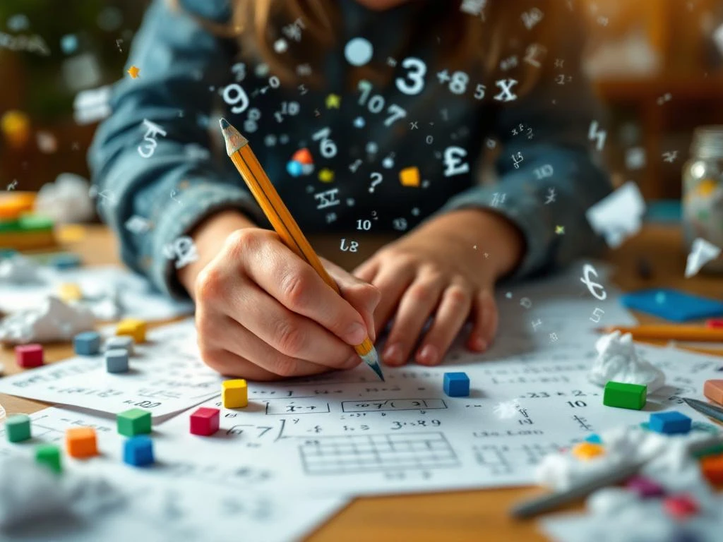 Kind met gespannen greep op potlood boven wiskundewerk, omringd door zwevende getallen en vergelijkingen op houten bureau