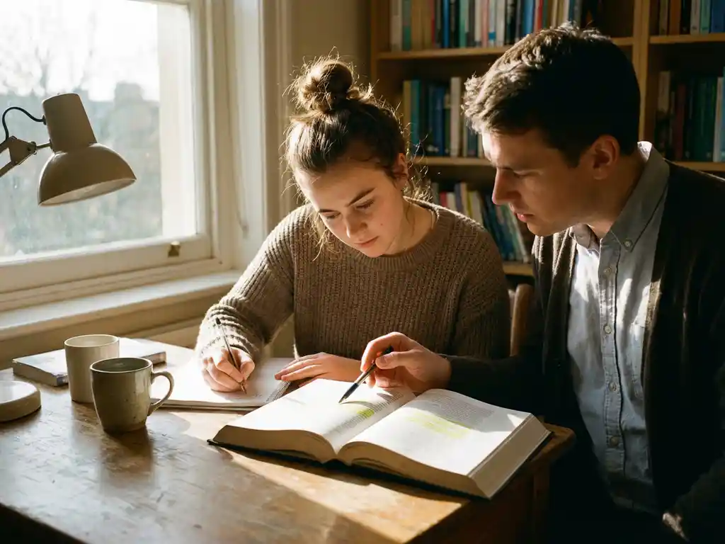Tutor wijst naar tekst in boek terwijl student aantekeningen maakt aan houten bureau bij raam in studeerkamer