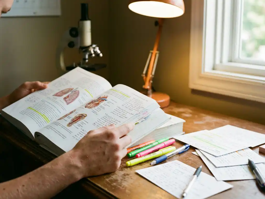 Student bestudeert biologieboek met anatomische diagrammen, markeerstiften en notities op houten bureau, microscoop op achtergrond